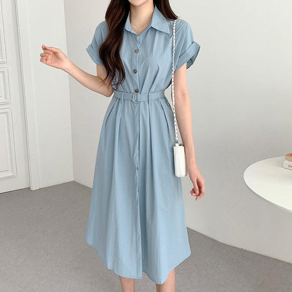 Summer French Style Lapel Tied Short Sleeve Shirt Dress - Amazitshop
