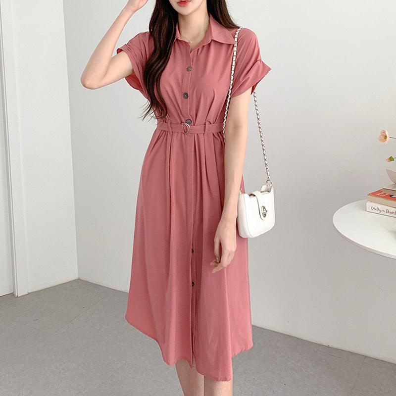 Summer French Style Lapel Tied Short Sleeve Shirt Dress - Amazitshop