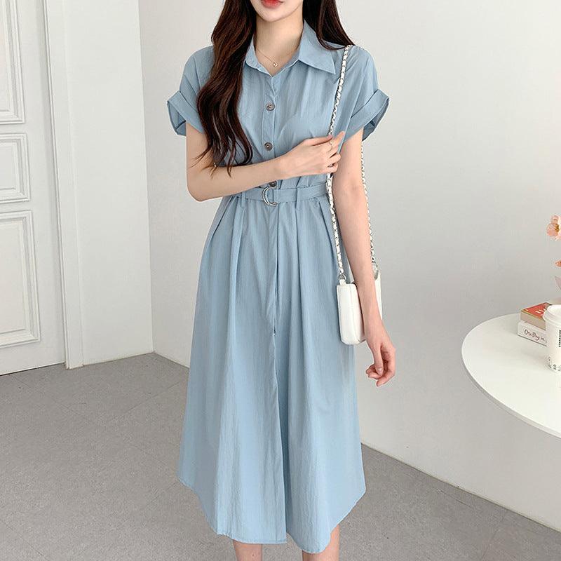 Summer French Style Lapel Tied Short Sleeve Shirt Dress - Amazitshop