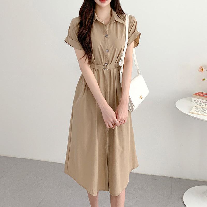 Summer French Style Lapel Tied Short Sleeve Shirt Dress - Amazitshop