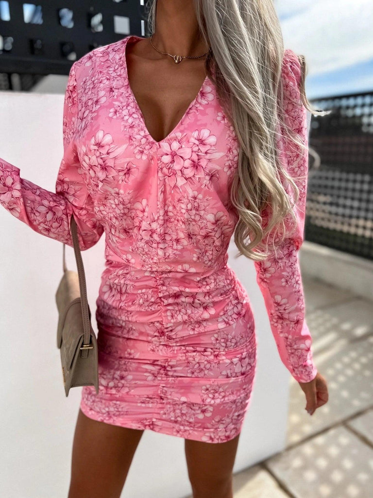 Summer Long Sleeve V - Neck Print Pack Hip Pleated Body Dress - Amazitshop