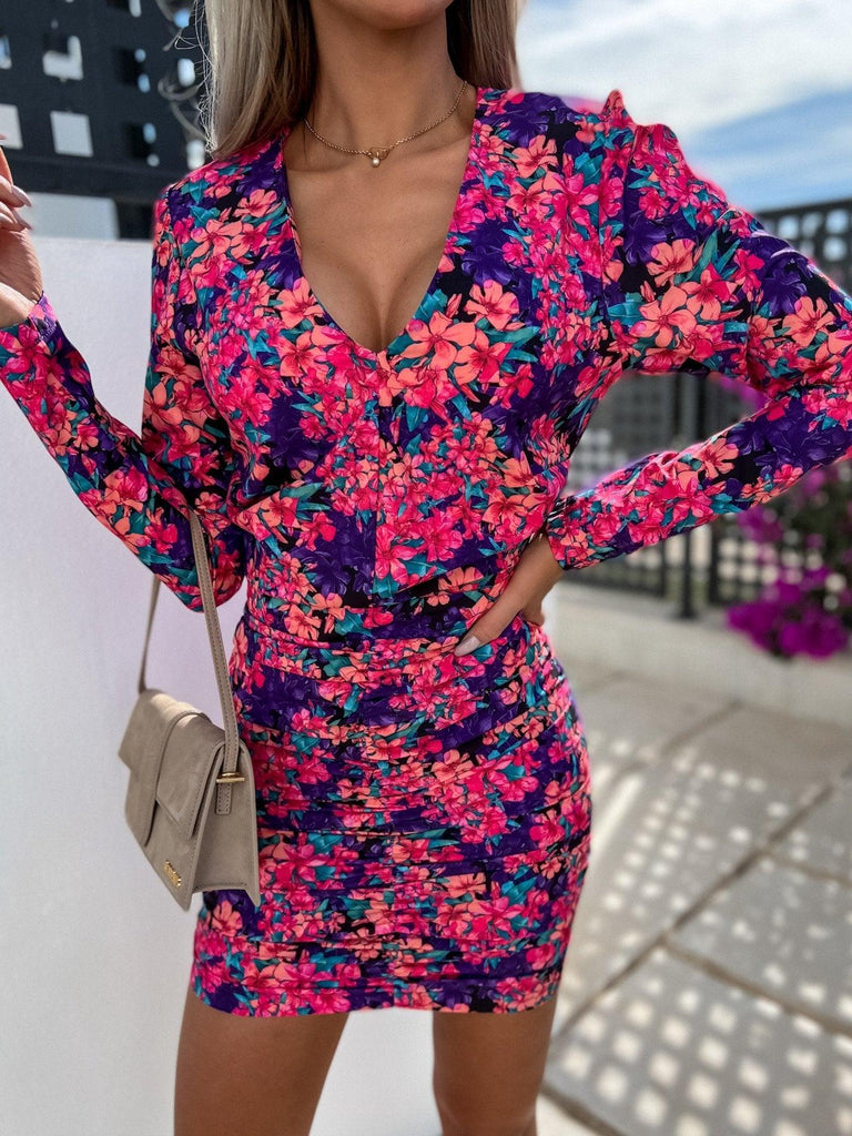 Summer Long Sleeve V - Neck Print Pack Hip Pleated Body Dress - Amazitshop