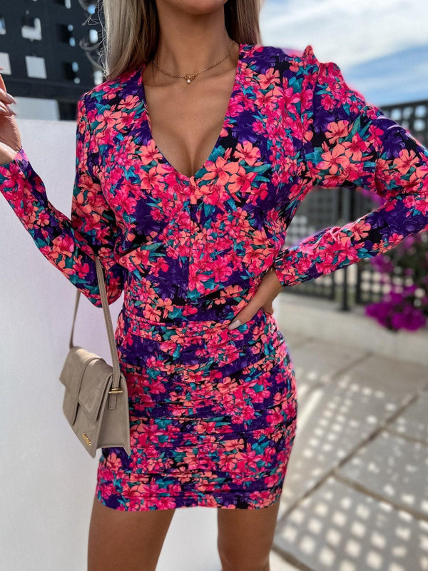 Summer Long Sleeve V - Neck Print Pack Hip Pleated Body Dress - Amazitshop