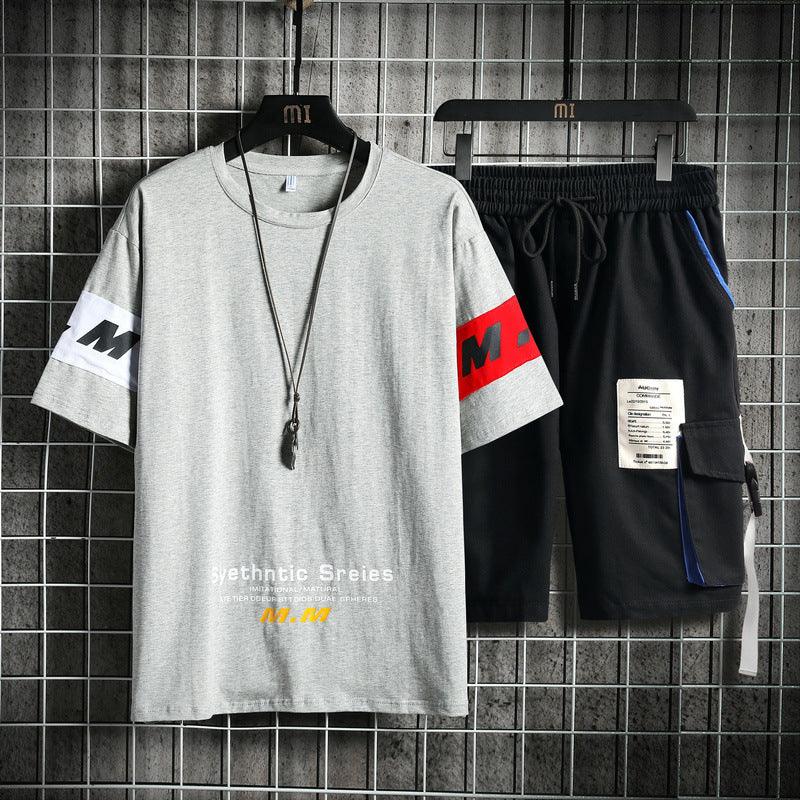 Summer Men's Sets Track Suit Mens Casual Loose Short - sleeved T-shirt Shorts 2 - piece Sets Cotton Print Large Size - Amazitshop