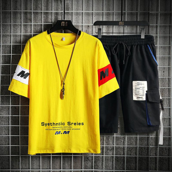 Summer Men's Sets Track Suit Mens Casual Loose Short - sleeved T-shirt Shorts 2 - piece Sets Cotton Print Large Size - Amazitshop