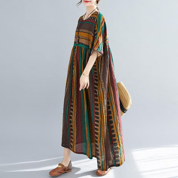 Summer New Literary Large Loose Stripe Printed Short - sleeved Dress For Women - Amazitshop