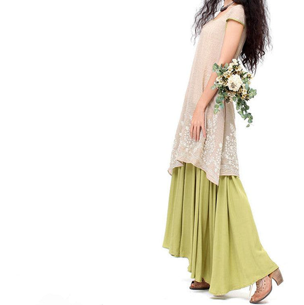 Summer new women's irregular loose long skirt embroidery fake two large swing short - sleeved cotton and linen dress - Amazitshop