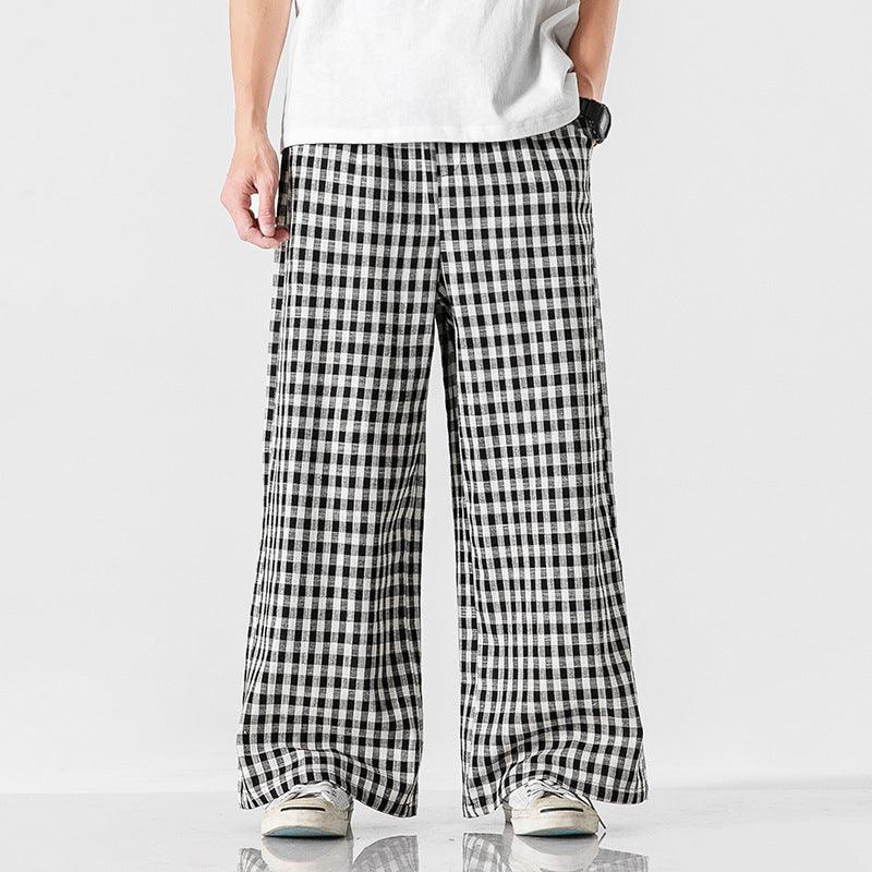 Summer Plus Size Chinese Style Cotton And Linen Plaid Baggy Pants - Amazitshop