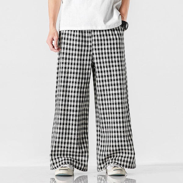 Summer Plus Size Chinese Style Cotton And Linen Plaid Baggy Pants - Amazitshop