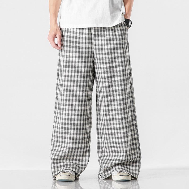 Summer Plus Size Chinese Style Cotton And Linen Plaid Baggy Pants - Amazitshop