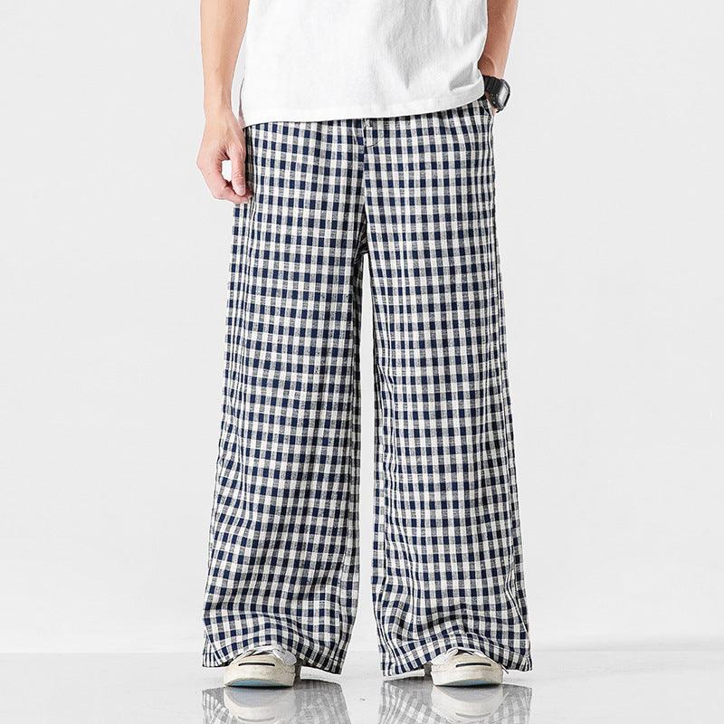 Summer Plus Size Chinese Style Cotton And Linen Plaid Baggy Pants - Amazitshop