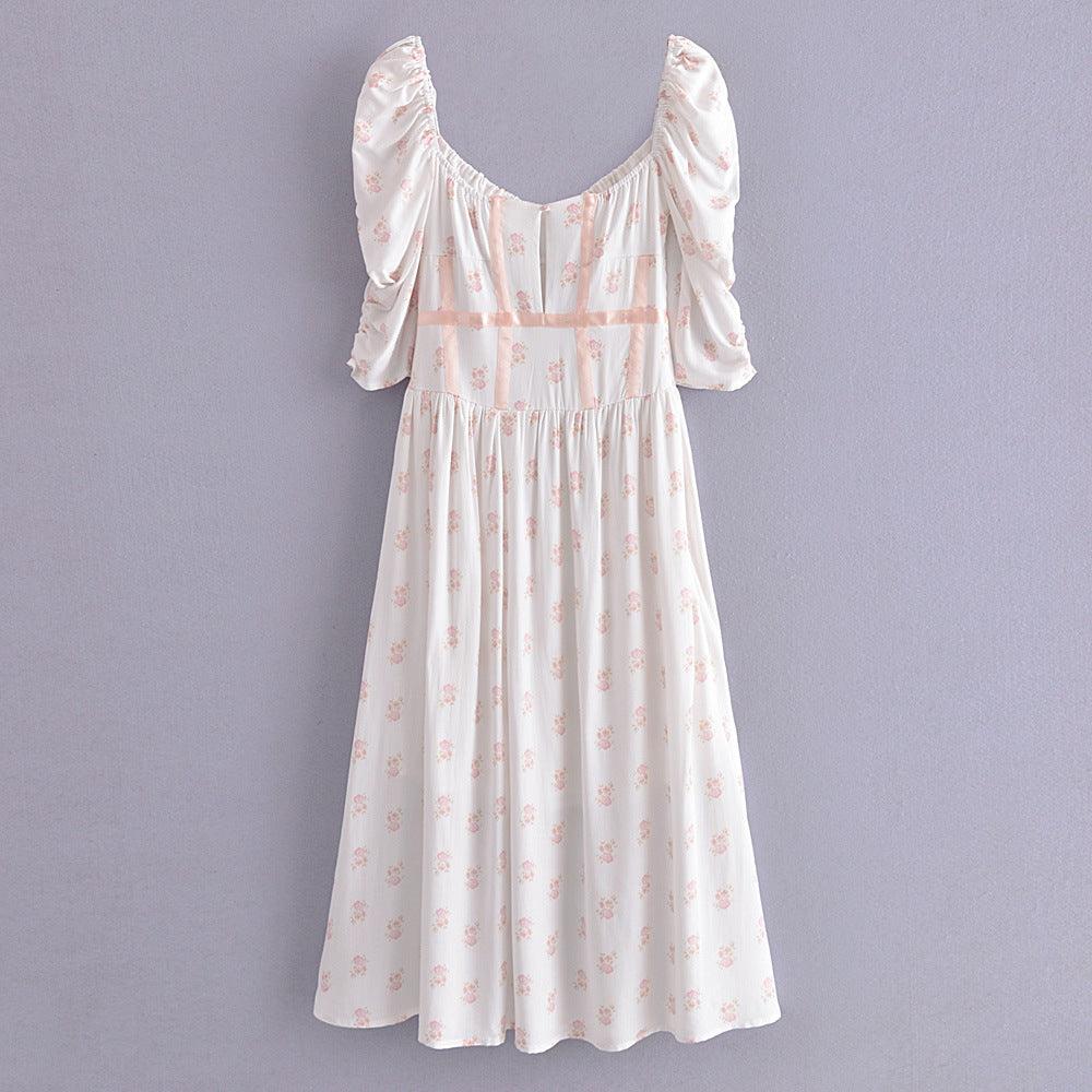 Summer Romantic French Floral Printed Square Collar Puff Sleeve Side Split Dress Temperament Bandage - Amazitshop