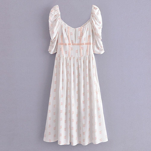 Summer Romantic French Floral Printed Square Collar Puff Sleeve Side Split Dress Temperament Bandage - Amazitshop