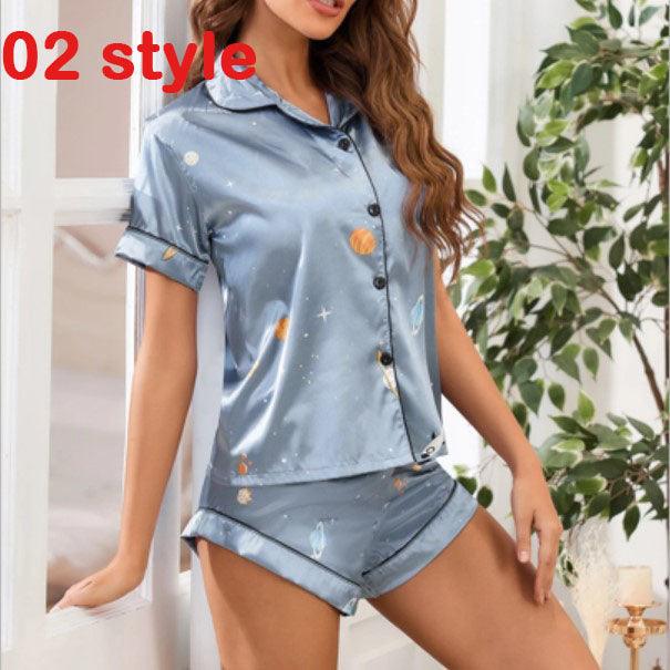 Summer Satin Women Pajams Print V - Neck Stretch Lingerie Female Sleepwear Casual Shorts Set Loungewear Women - Amazitshop