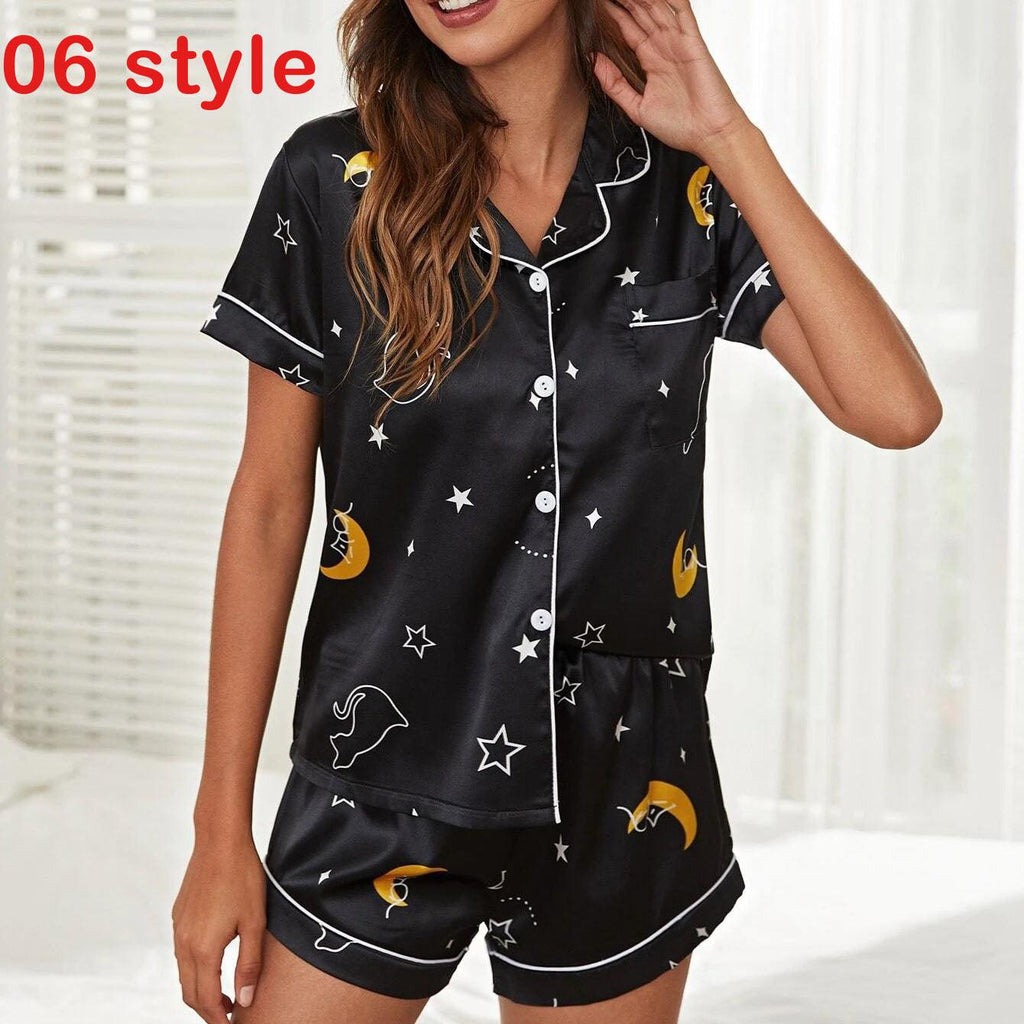 Summer Satin Women Pajams Print V - Neck Stretch Lingerie Female Sleepwear Casual Shorts Set Loungewear Women - Amazitshop