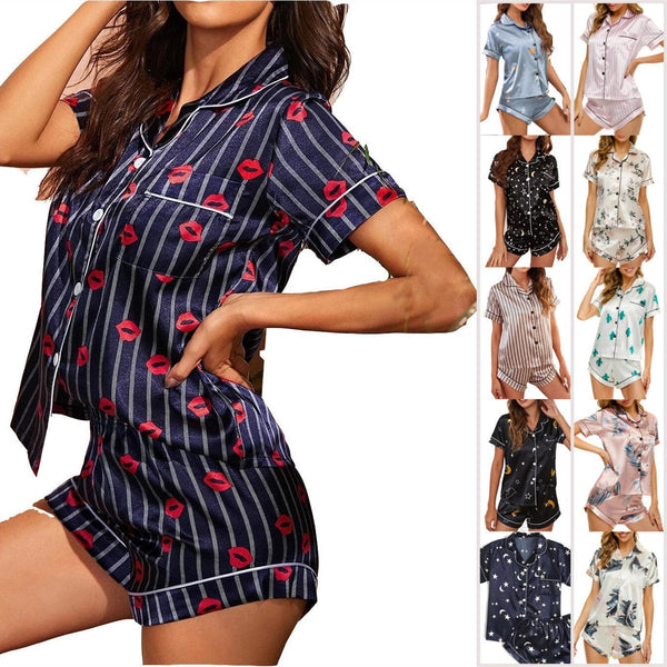 Summer Satin Women Pajams Print V - Neck Stretch Lingerie Female Sleepwear Casual Shorts Set Loungewear Women - Amazitshop