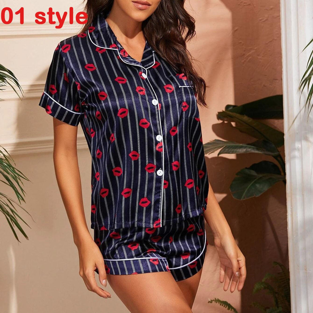 Summer Satin Women Pajams Print V - Neck Stretch Lingerie Female Sleepwear Casual Shorts Set Loungewear Women - Amazitshop