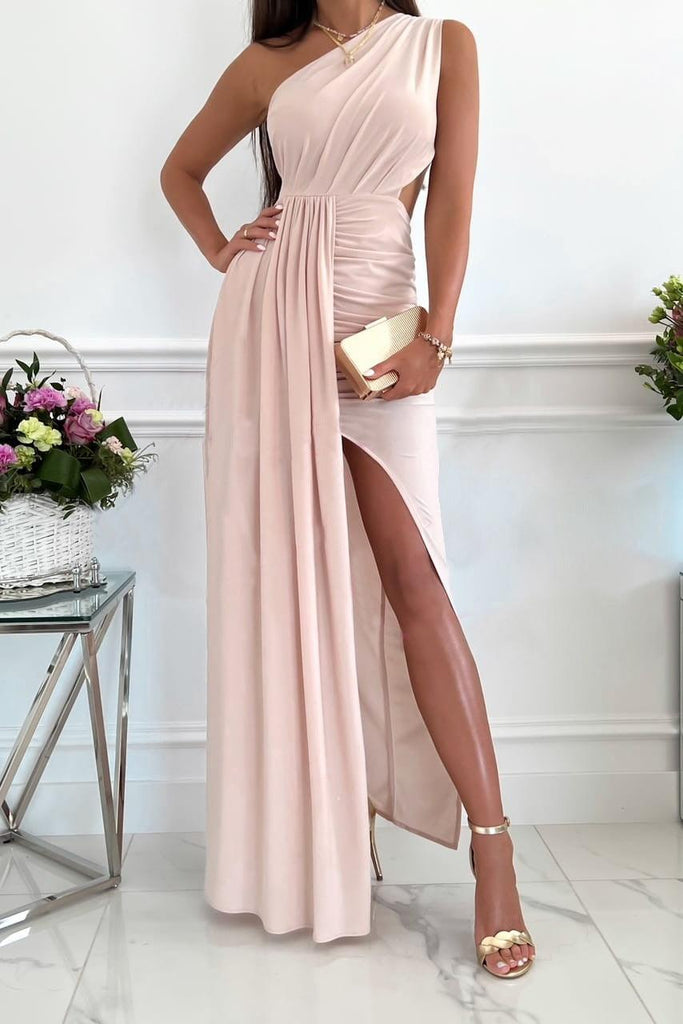 Summer Sleeveless Slanted Shoulder Cutout Air Quality Slit Dress - Amazitshop