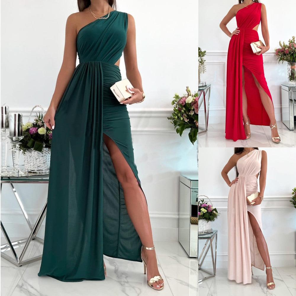 Summer Sleeveless Slanted Shoulder Cutout Air Quality Slit Dress - Amazitshop
