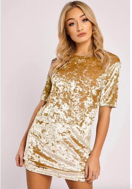 Summer Velvet Fashion Mini Solid Color Short Sleeve Round Neck Dress - Amazitshop