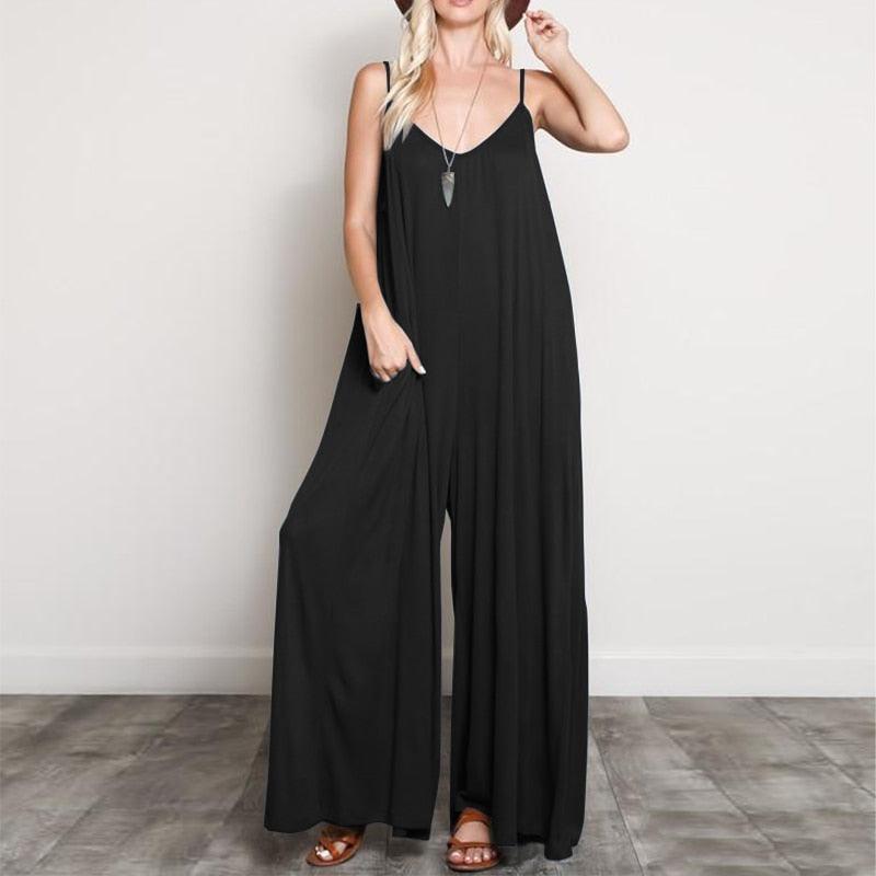 Summer Women Sexy V Neck Long Jumpsuits Casual Loose Rompers Overalls Wide Leg Mono Bodysuit Playsuits Plus Size 5XL - Amazitshop