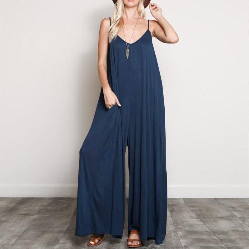 Summer Women Sexy V Neck Long Jumpsuits Casual Loose Rompers Overalls Wide Leg Mono Bodysuit Playsuits Plus Size 5XL - Amazitshop