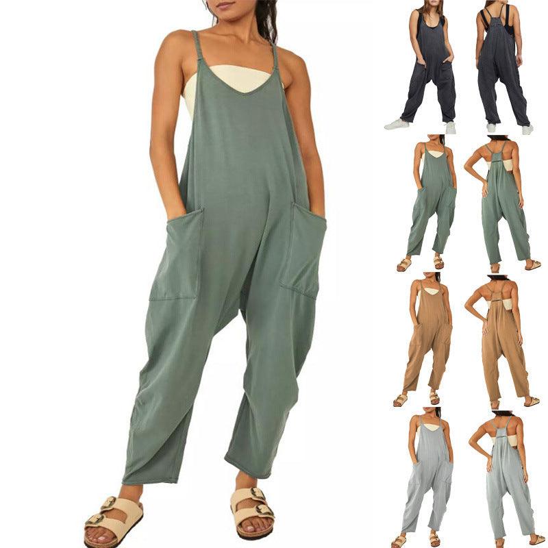 Summer Women's Loose Sleeveless Jumpsuits Spaghetti Strap Long Pant Romper Jumpsuit With Pockets Zipper - Amazitshop
