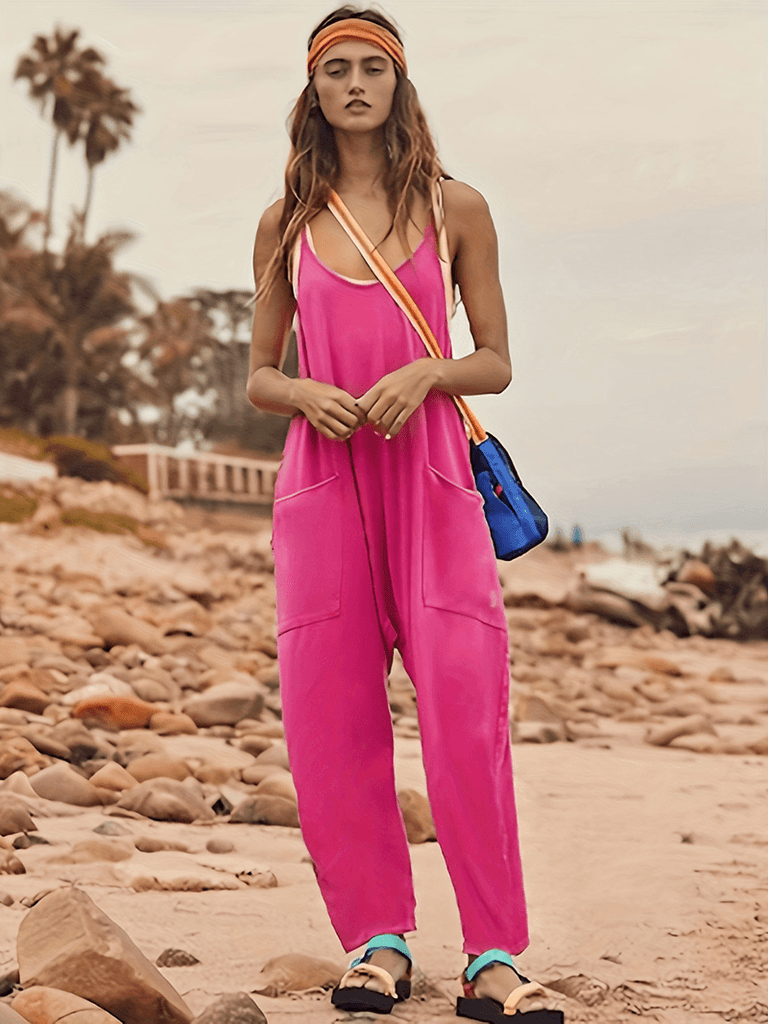 Summer Women's Loose Sleeveless Jumpsuits Spaghetti Strap Long Pant Romper Jumpsuit With Pockets Zipper - Amazitshop