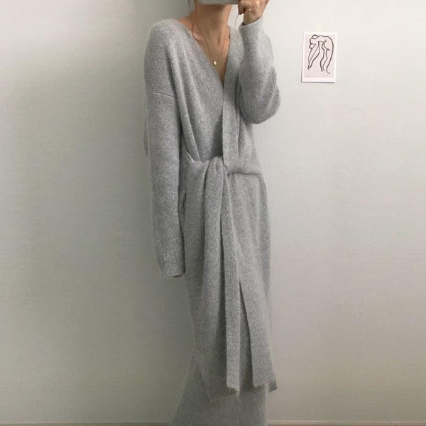 Sweater Dress Women Fashion Office Lady V Neck Knitted - Amazitshop
