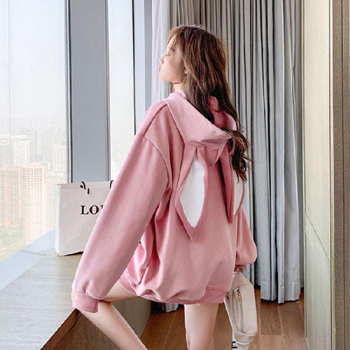 Sweet Cute Preppy Style Rabbit Ears Plus Velvet Thick Hoodies Women Long Sleeve Pullover Big Pocket Kawaii Sweatshirts for Girls - Amazitshop