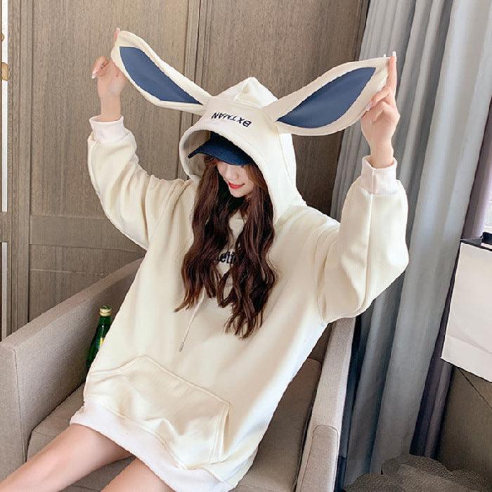 Sweet Cute Preppy Style Rabbit Ears Plus Velvet Thick Hoodies Women Long Sleeve Pullover Big Pocket Kawaii Sweatshirts for Girls - Amazitshop