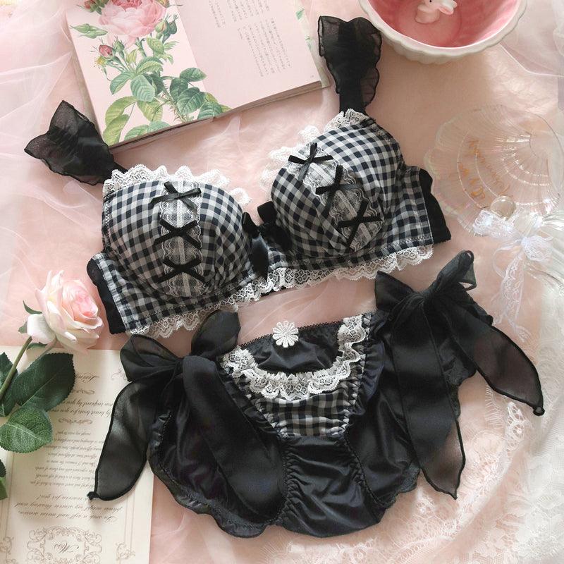 Sweet Lingerie Women's Small Chest Gathered Cute Plaid Bra Set - Amazitshop
