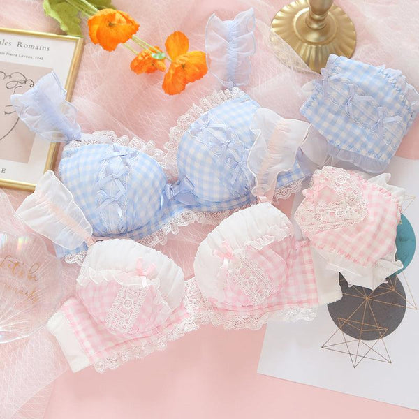 Sweet Lingerie Women's Small Chest Gathered Cute Plaid Bra Set - Amazitshop