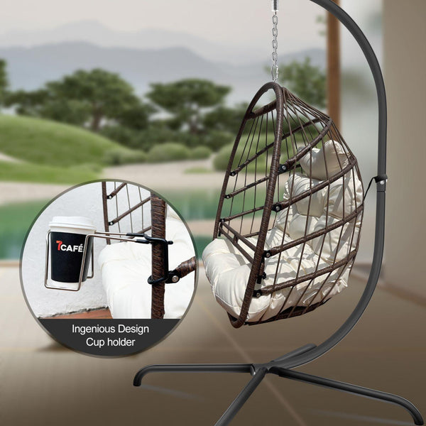 Swing Egg Chair With Stand Indoor Outdoor, UV Resistant Cushion Hanging Chair With Guardrail And Cup Holder, Anti - Rust Foldable Aluminum Frame Hammock Chair, 350lbs Capacity For Porch Backyard - Amazitshop