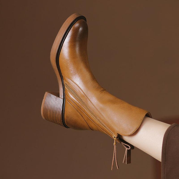 Thick Heel Brown Ankle Boots British Style Handsome - Amazitshop