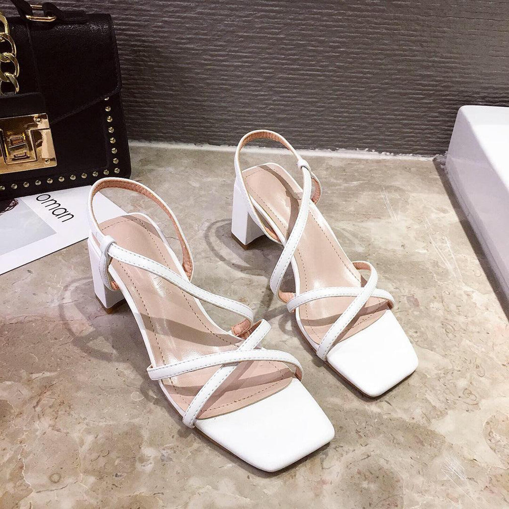 Thick heel sandals women's middle heel one word sandals with sandals - Amazitshop