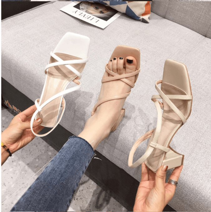 Thick heel sandals women's middle heel one word sandals with sandals - Amazitshop