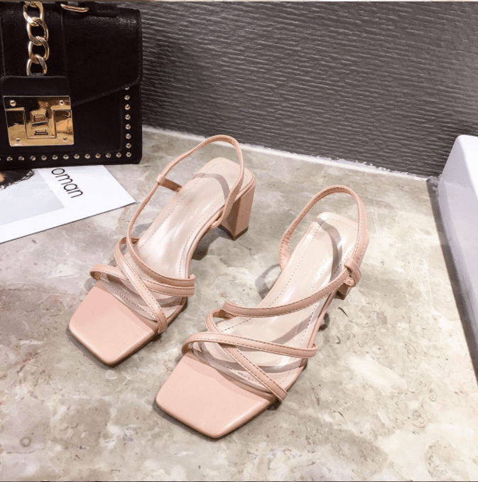 Thick heel sandals women's middle heel one word sandals with sandals - Amazitshop