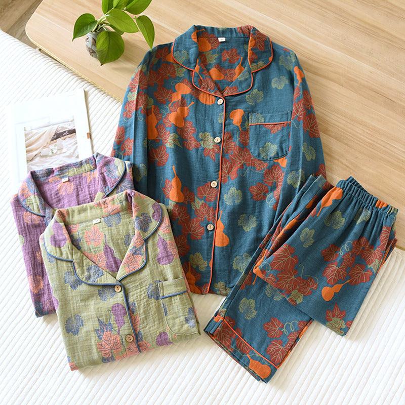 Thin Cotton Gauze Yarn - dyed Jacquard Pajamas Suit For Women - Amazitshop