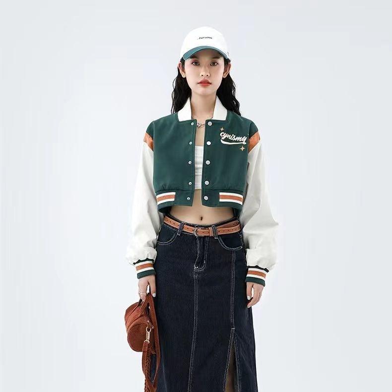 Tide Brand Retro American Rose Letter Embroidery Short Coat - Amazitshop