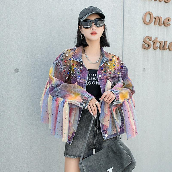 Tie - Dye Gradient Oversized Denim Jacket In Colorful Mesh Rhinestones - Amazitshop