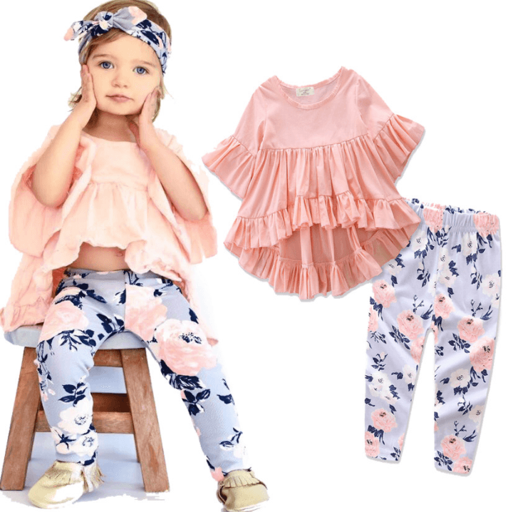 Toddler Kids Baby Girls Outfits Clothes Sets Cotton T-shirt Top Short Sleeve Pants Flower 2PCS Clothing Set - Amazitshop