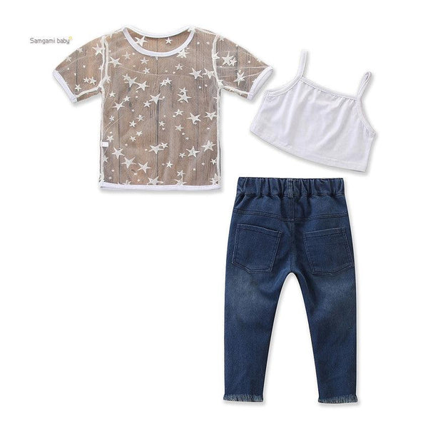 Toddler Kids Girls Short Sleeve Star T-shirt Tops Hole Denim pants pearl Jeans 2PCS Clothing Set - Amazitshop
