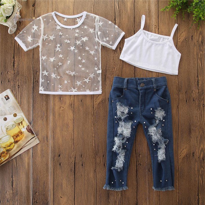 Toddler Kids Girls Short Sleeve Star T-shirt Tops Hole Denim pants pearl Jeans 2PCS Clothing Set - Amazitshop