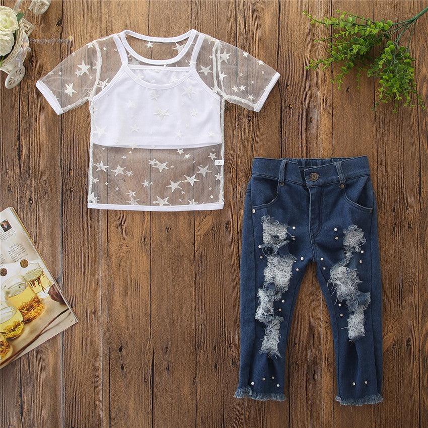 Toddler Kids Girls Short Sleeve Star T-shirt Tops Hole Denim pants pearl Jeans 2PCS Clothing Set - Amazitshop