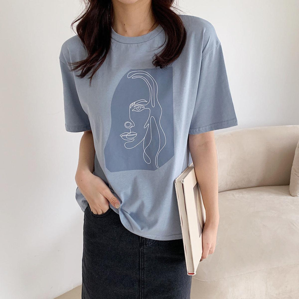 Toppies Abstract T-shirts Character Printing Women Tops Solid Color Summer white Cotton Tops Tees harajuku clothing - Amazitshop