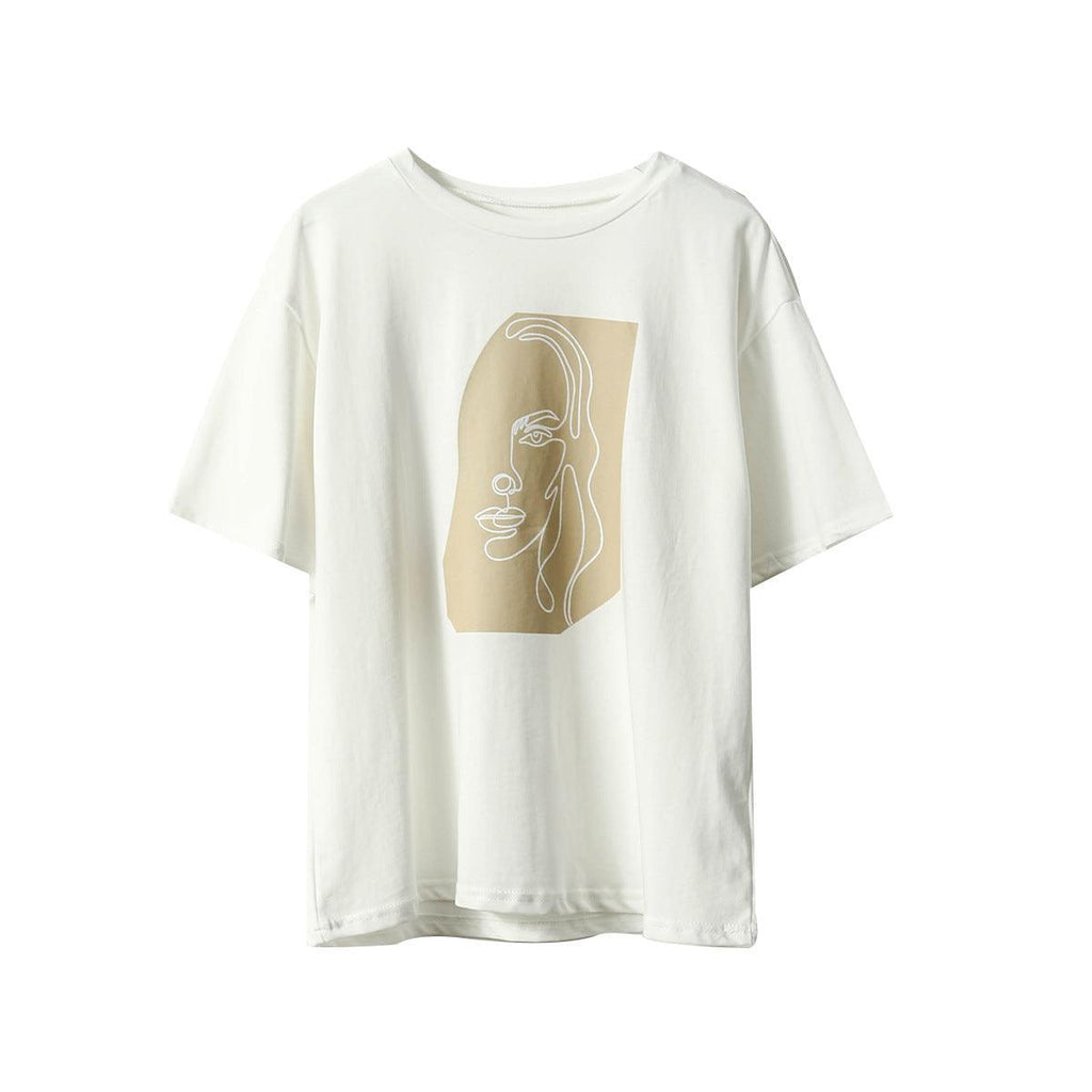 Toppies Abstract T-shirts Character Printing Women Tops Solid Color Summer white Cotton Tops Tees harajuku clothing - Amazitshop