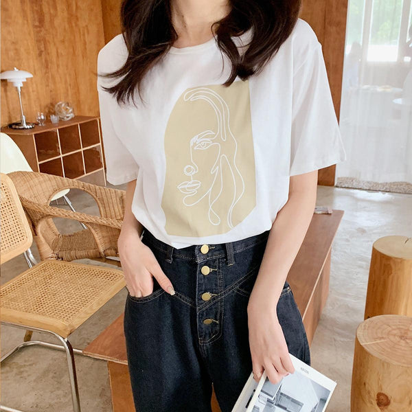 Toppies Abstract T-shirts Character Printing Women Tops Solid Color Summer white Cotton Tops Tees harajuku clothing - Amazitshop