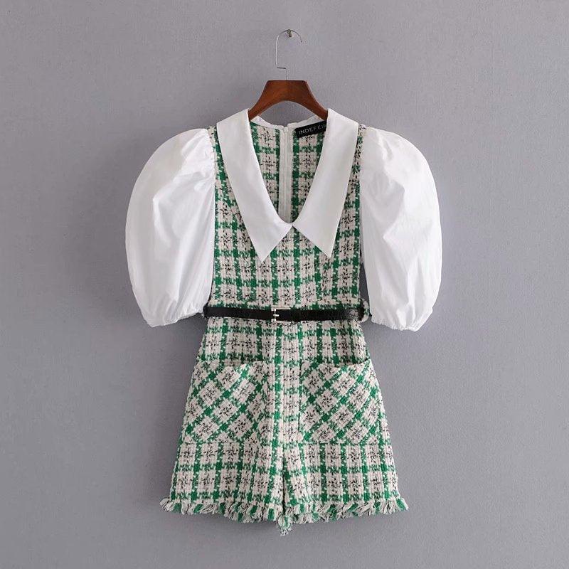 Tweed Belt Jumpsuit Green Shorts For Ladies - Amazitshop