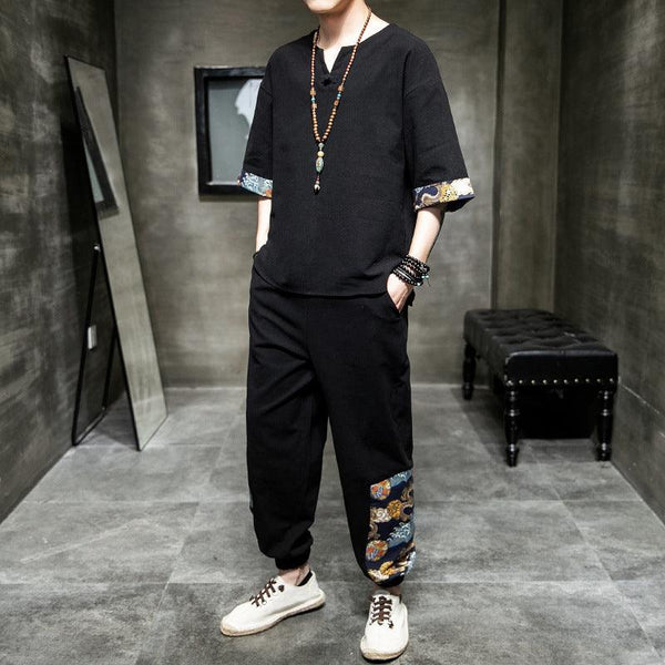 Two - piece Cotton and Linen Cropped Trousers Embroidery Clothes - Amazitshop